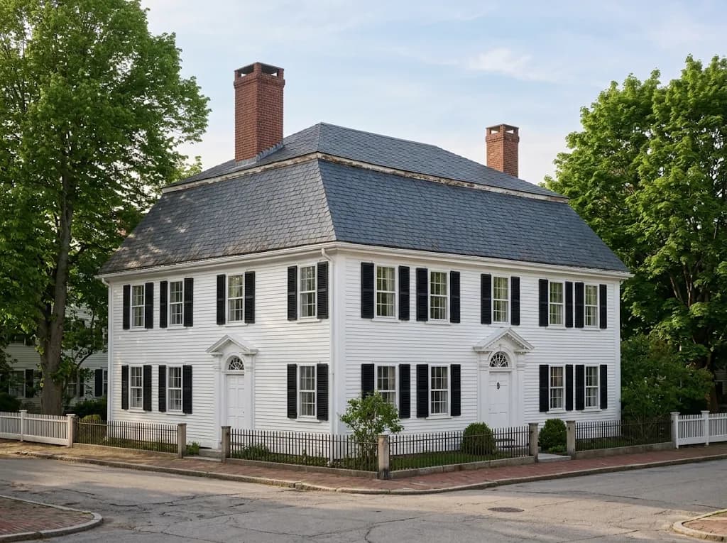 White Federal-style house with a dark roof and two chimneys on a tree-lined historic street