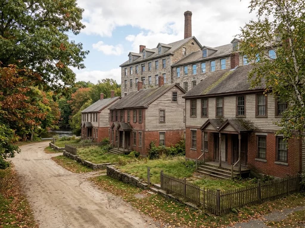 Row of 19th-century mill worker houses with a stone textile mill behind them